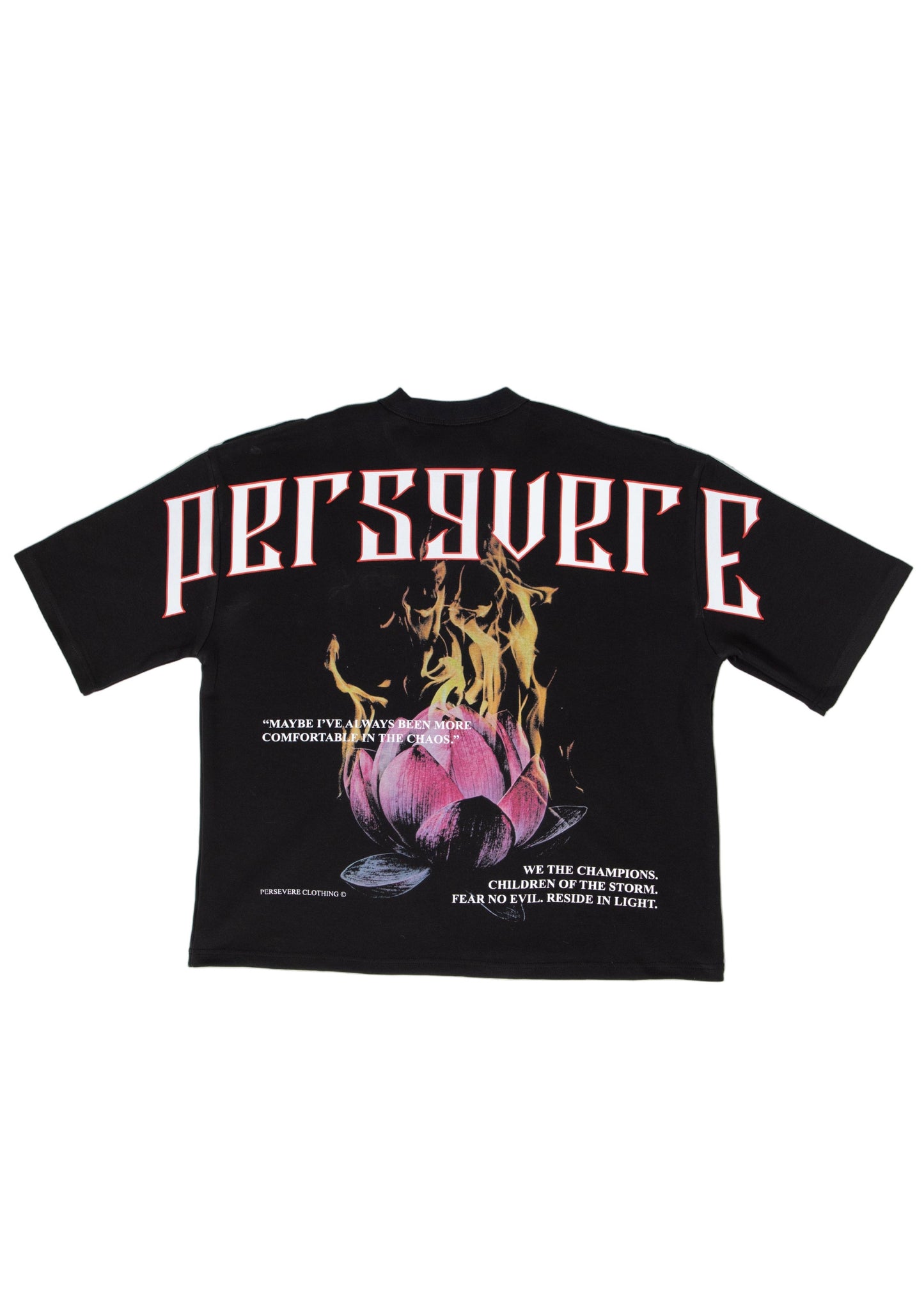 Black t-shirt with graphic design and 'PERSEVERE' text on a white background