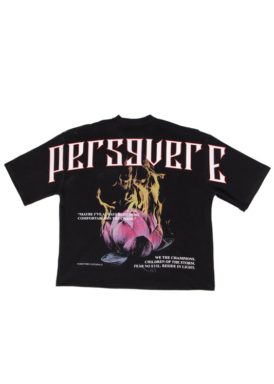 Black t-shirt with graphic design and 'PERSEVERE' text on a white background